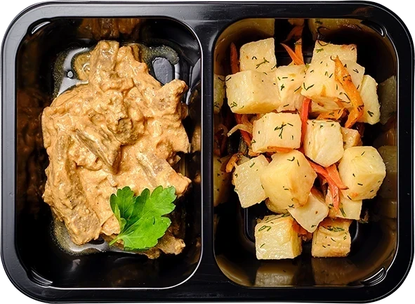 Картофель тушеный с овощами<br/>Печень по-строгановски