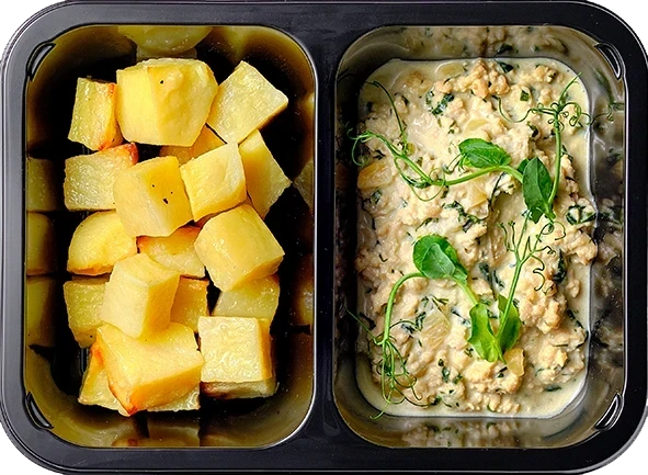 Картофель запеченный<br/>Куриный фарш со шпинатом в сливочном соусе