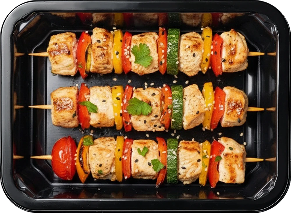 Брошет из куриной мякоти с овощами