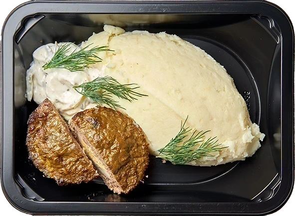 Печеночный маффин с яйцом и сметанным соусом<br/>Картофельное пюре