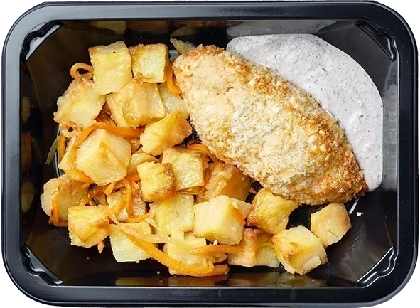 Картофель тушеный с овощами<br/>Куриная котлета с грибным соусом