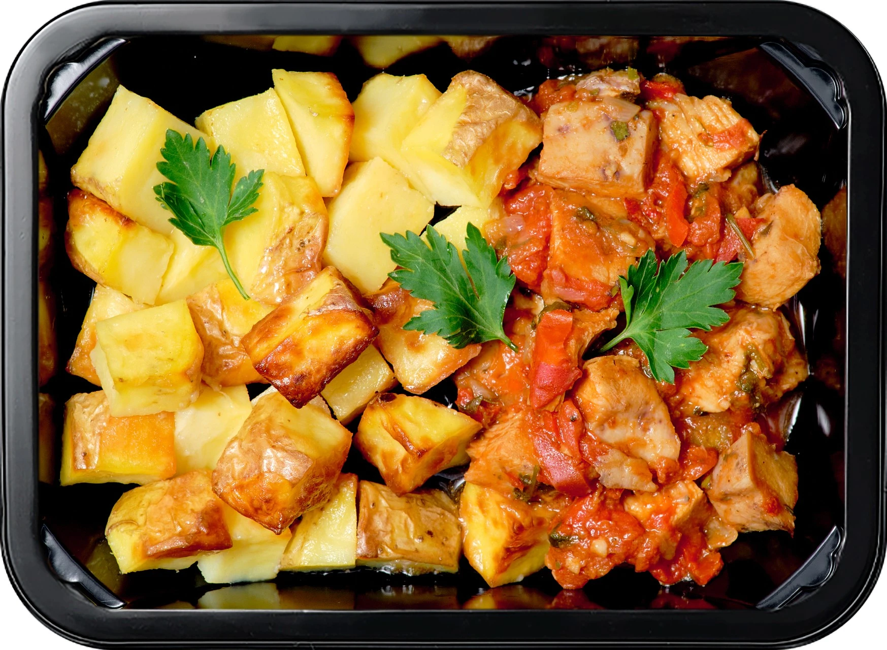 Картофель запеченный<br/>Куриное бедро в соусе томатный барбекю