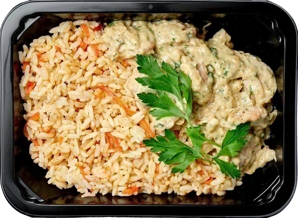 Чкмерули из цыпленка в сливочно-чесночном соусе<br/>Рис по-мексикански