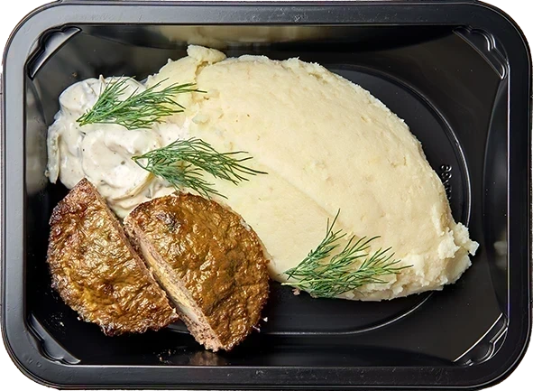 Печеночный маффин с яйцом и сметанным соусом<br/>Картофельное пюре