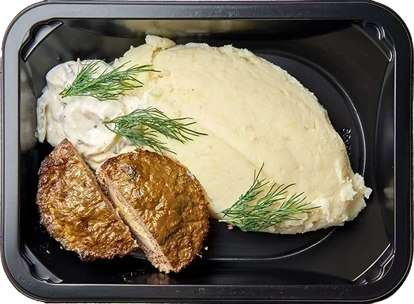 Печеночный маффин с яйцом и сметанным соусом<br/>Картофельное пюре
